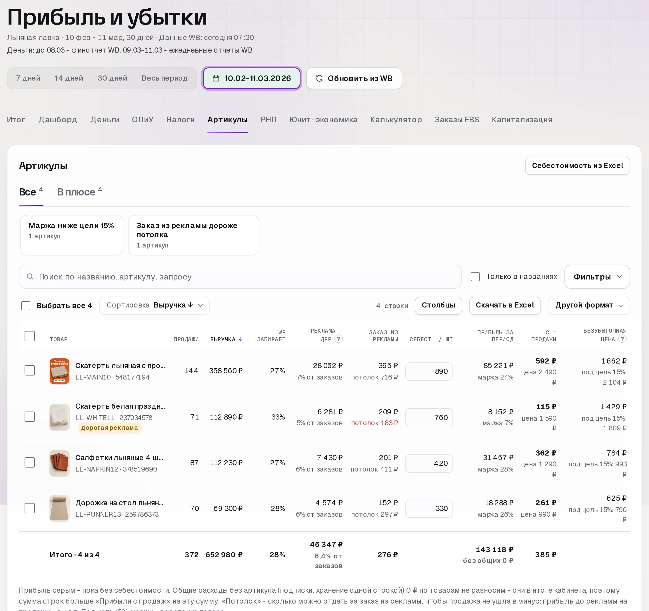 Раздел «Прибыль» в кабинете SkuScan