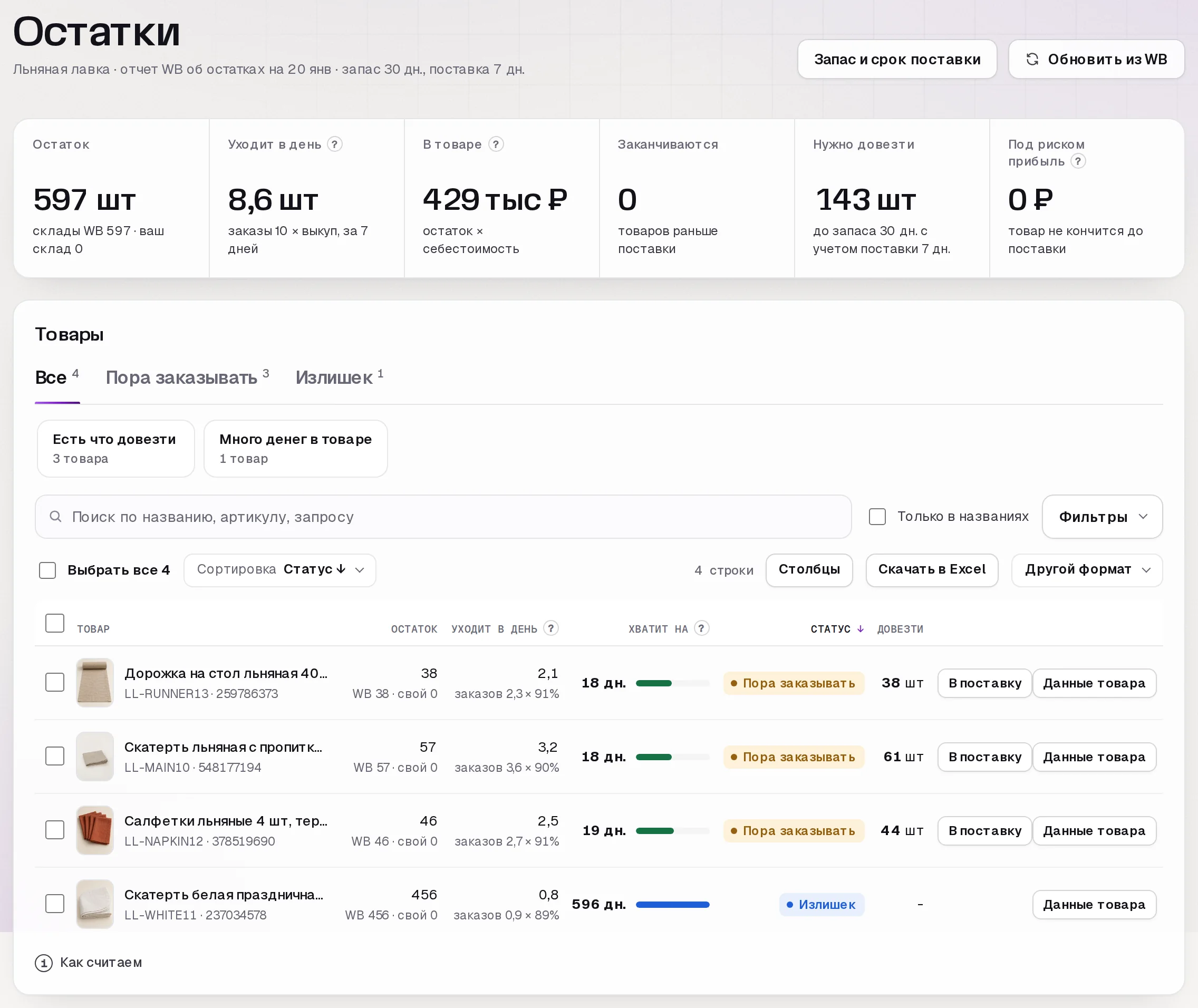 Раздел «Остатки» в кабинете SkuScan