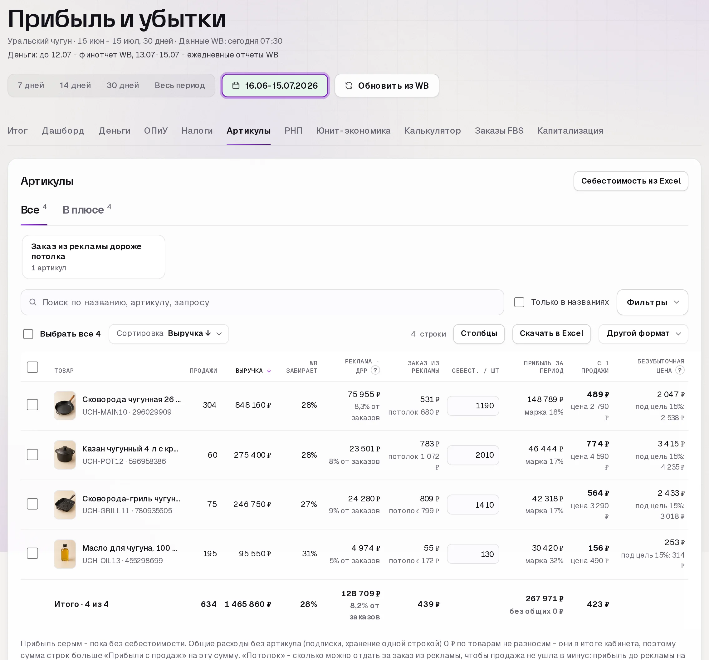 Раздел «Прибыль» в кабинете SkuScan