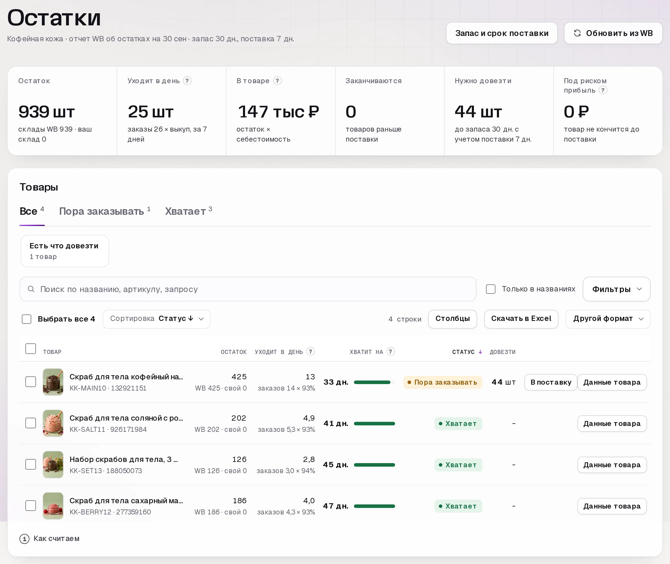 Раздел «Остатки» в кабинете SkuScan