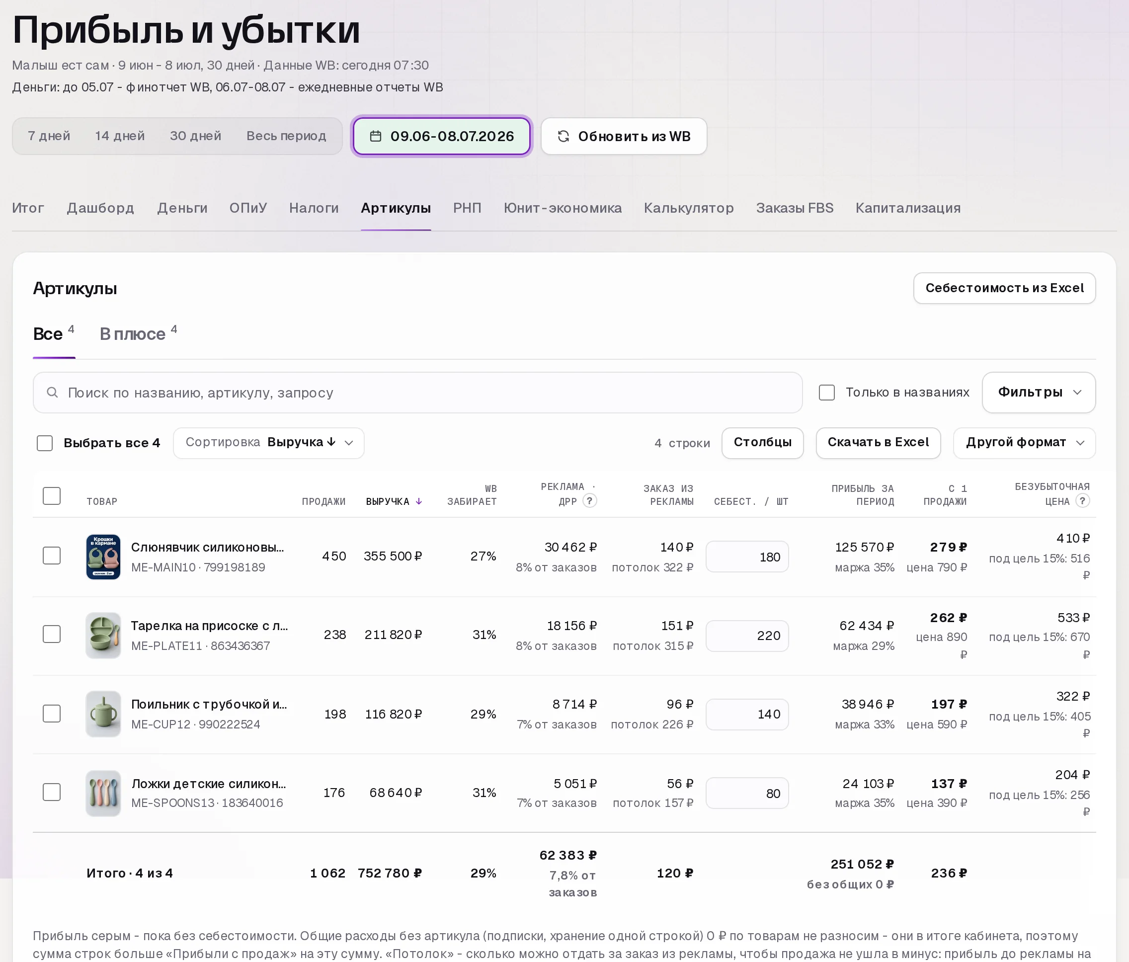 Раздел «Прибыль» в кабинете SkuScan