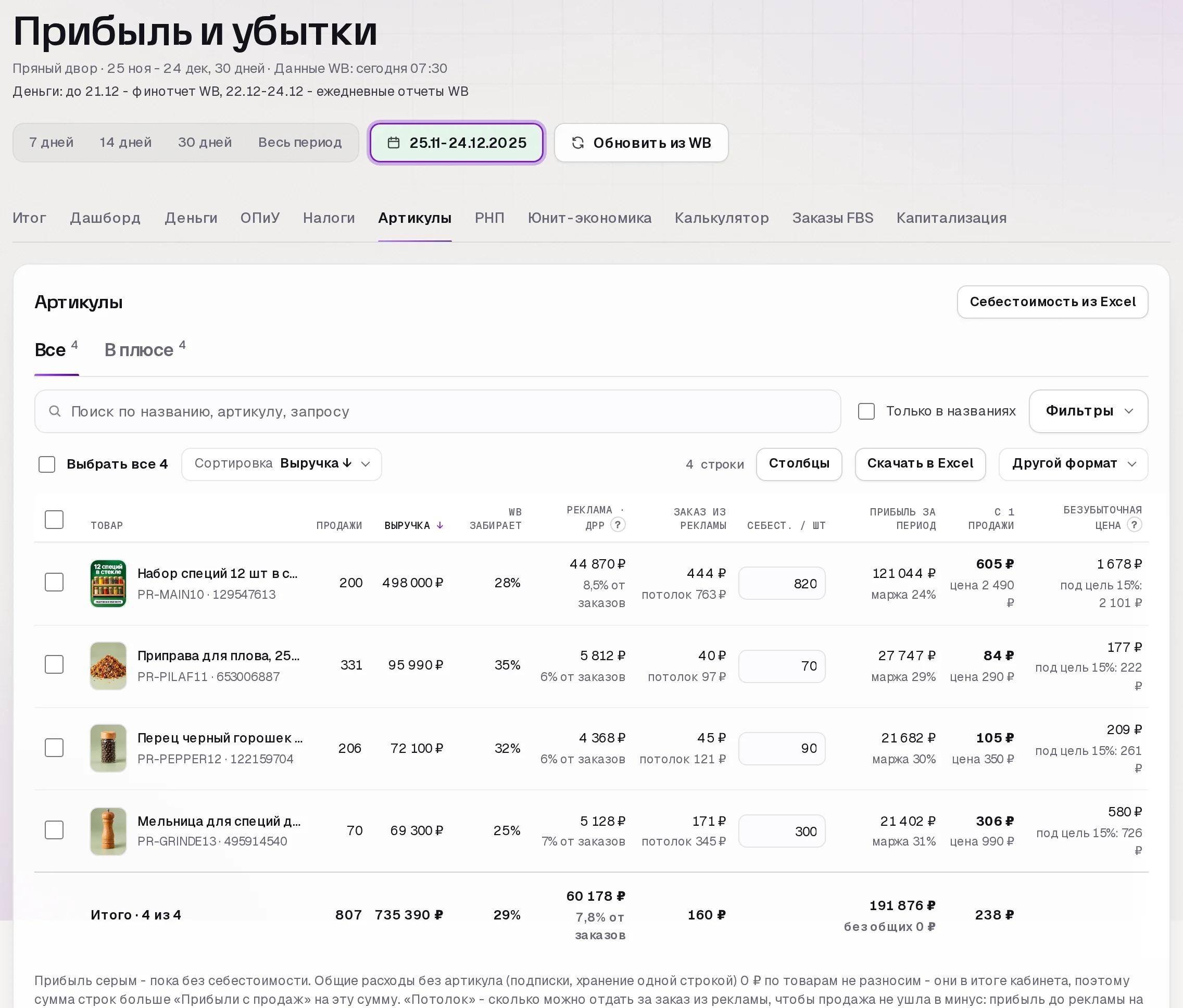 Раздел «Прибыль» в кабинете SkuScan