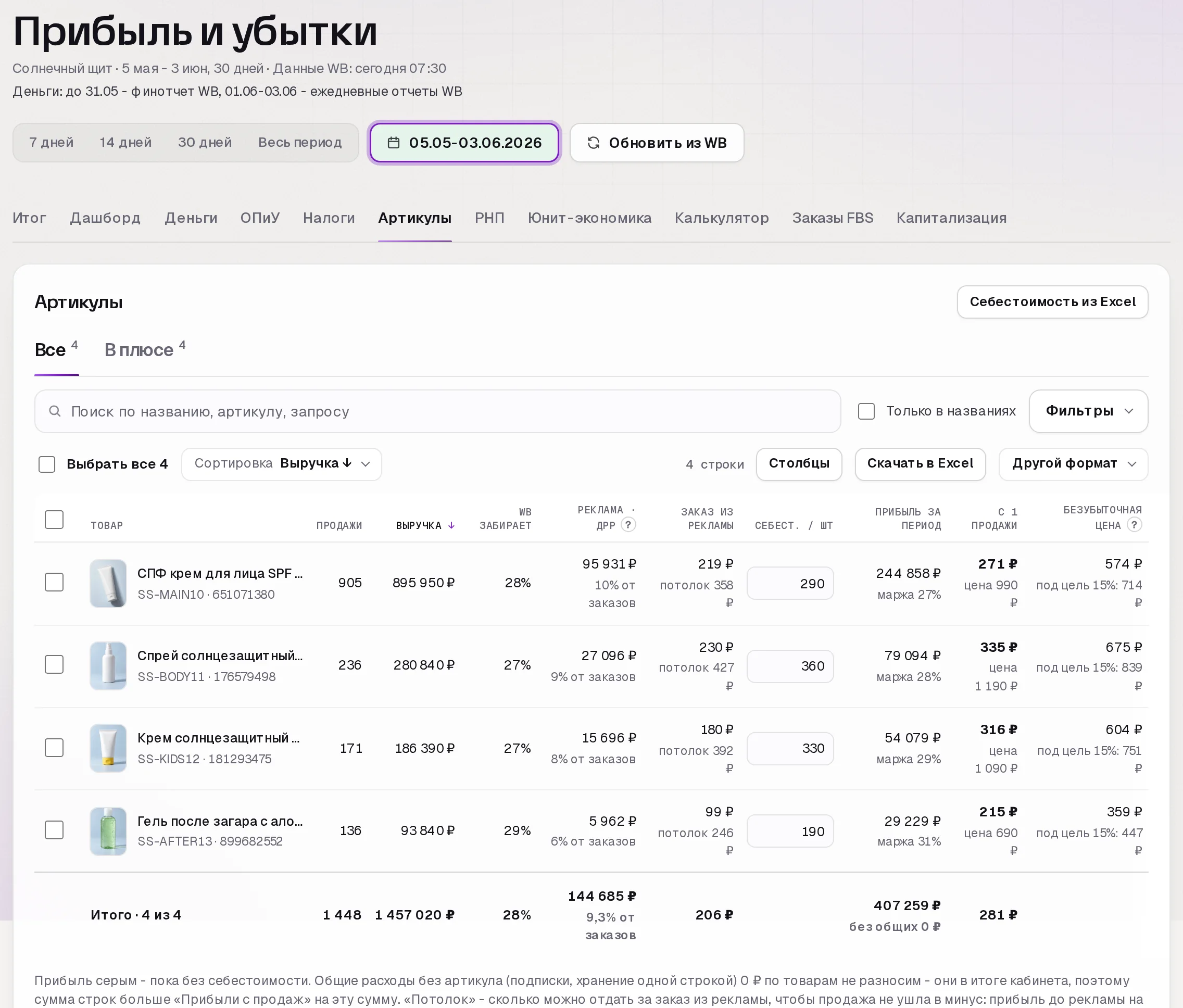 Раздел «Прибыль» в кабинете SkuScan