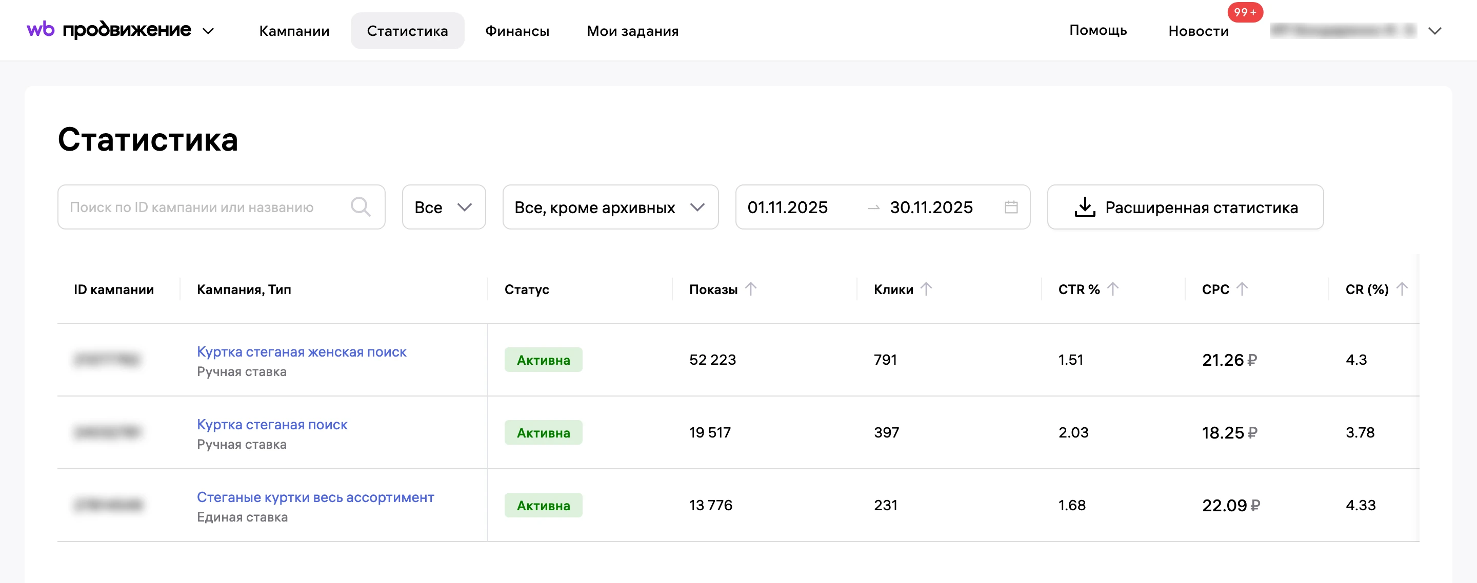 Статистика рекламы в кабинете Wildberries за ноябрь