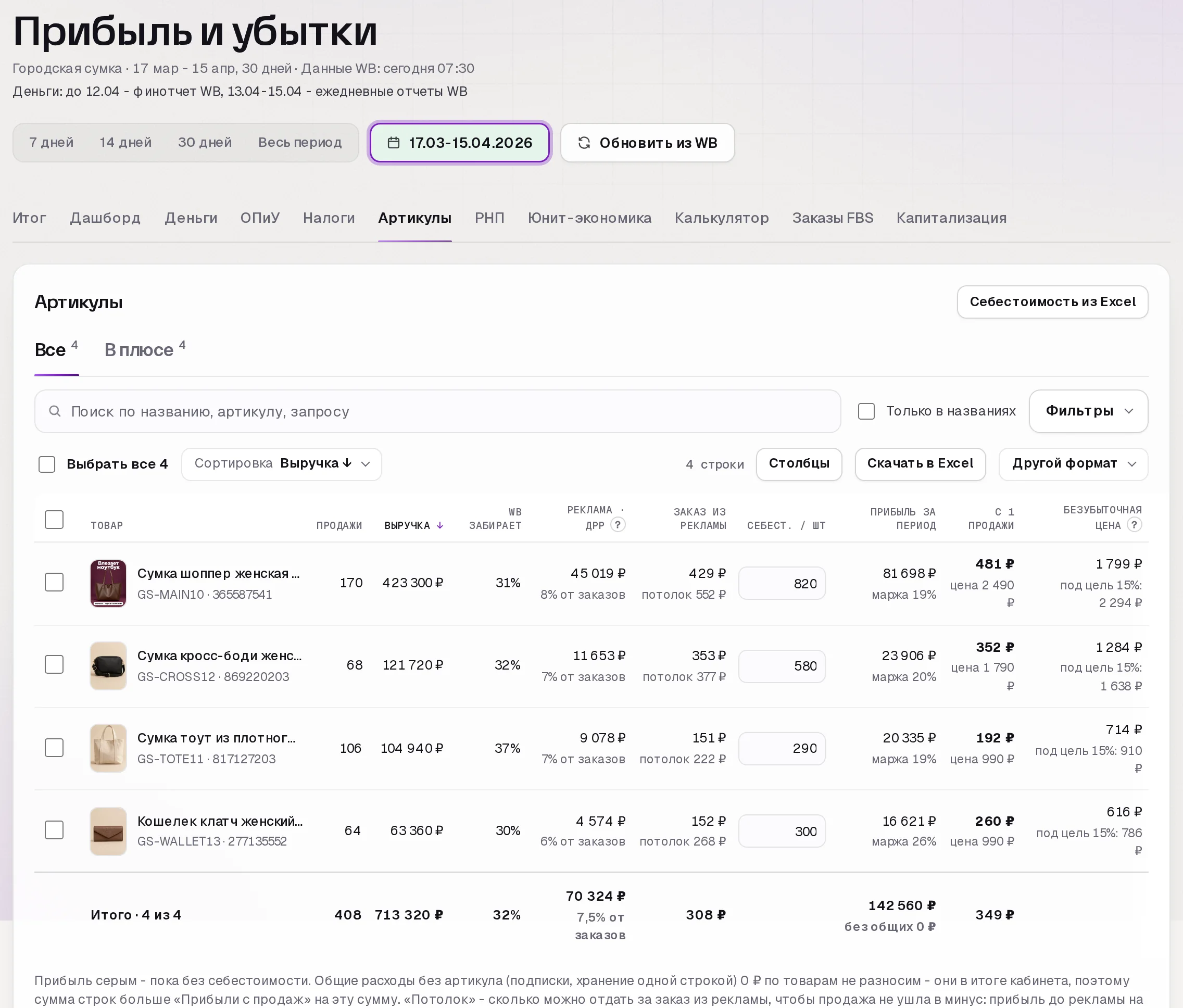 Раздел «Прибыль» в кабинете SkuScan