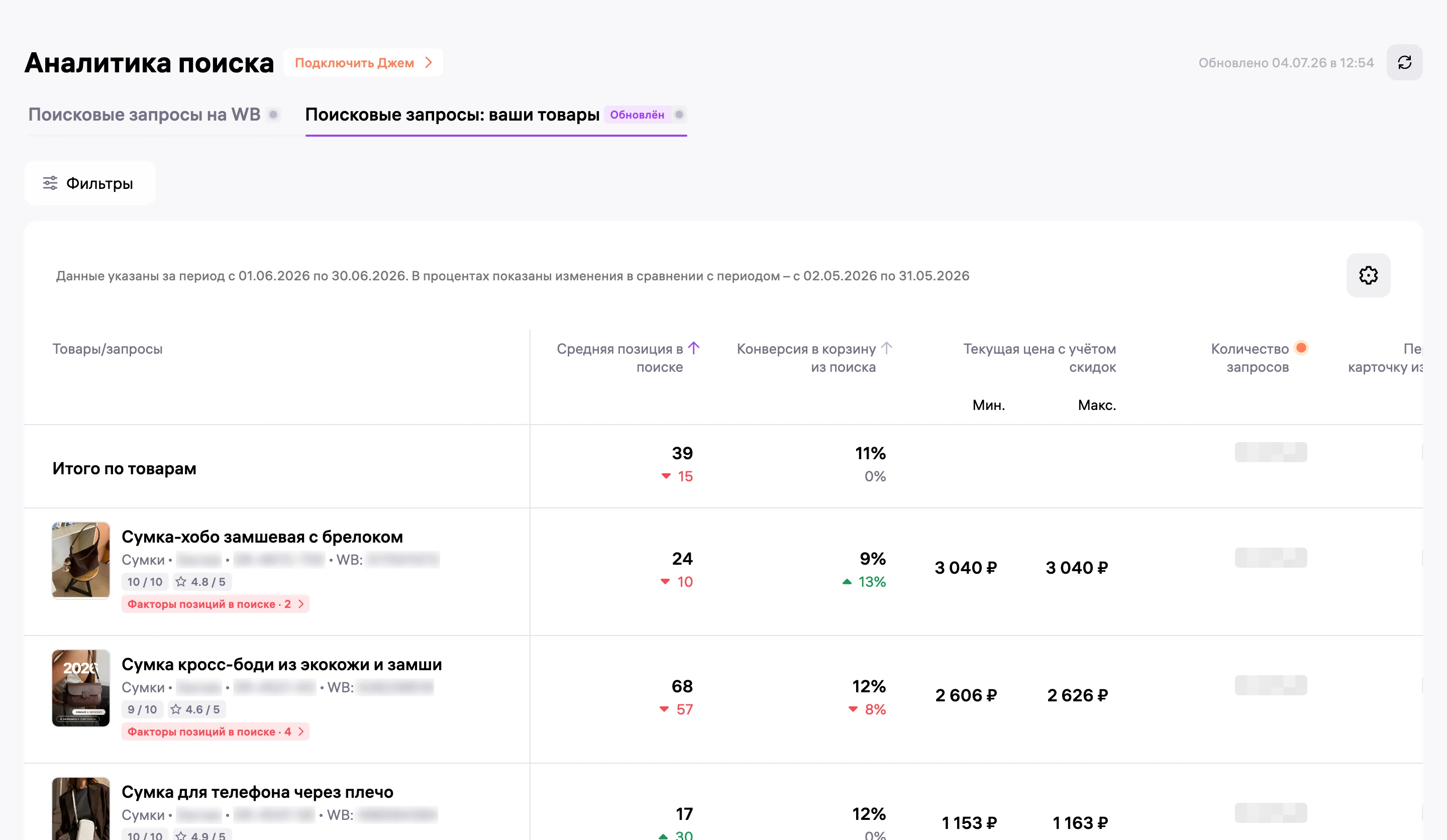 Аналитика поиска в кабинете Wildberries