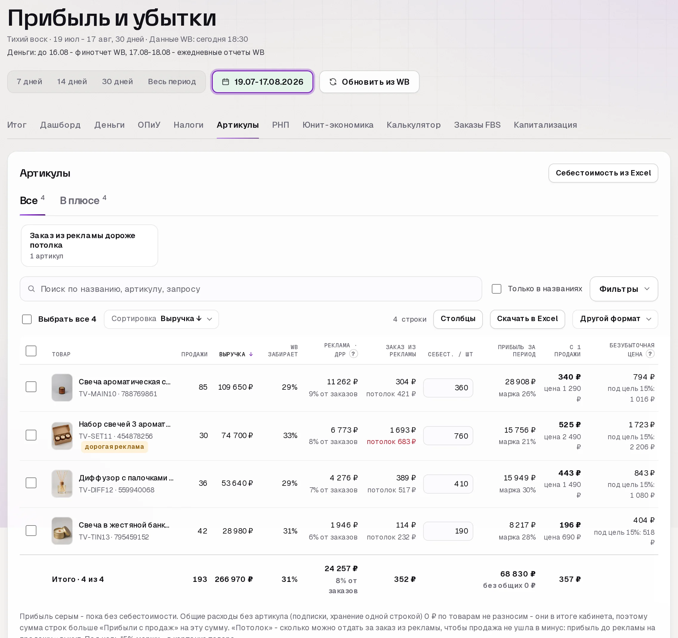 Раздел «Прибыль» в кабинете SkuScan