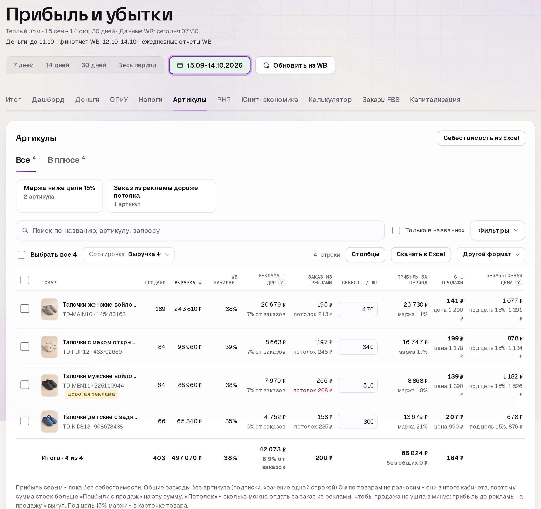 Раздел «Прибыль» в кабинете SkuScan
