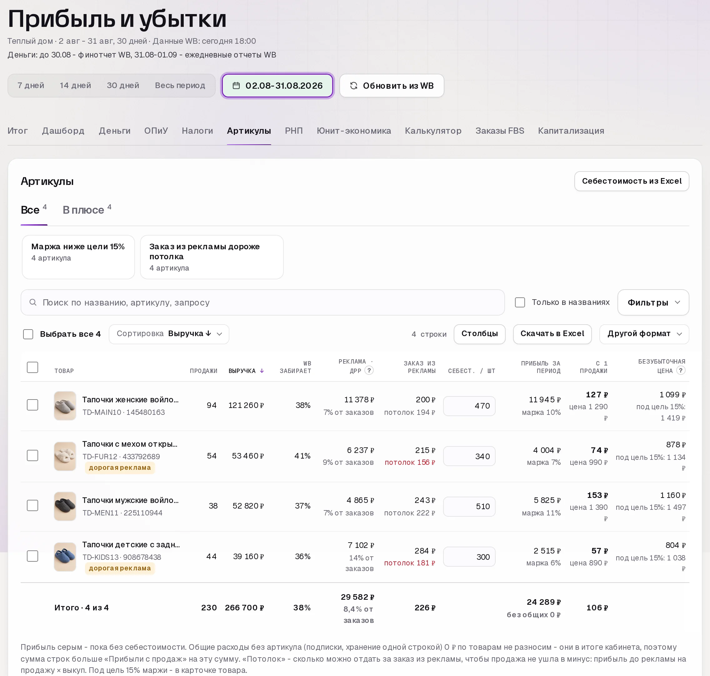 Раздел «Прибыль» в кабинете SkuScan
