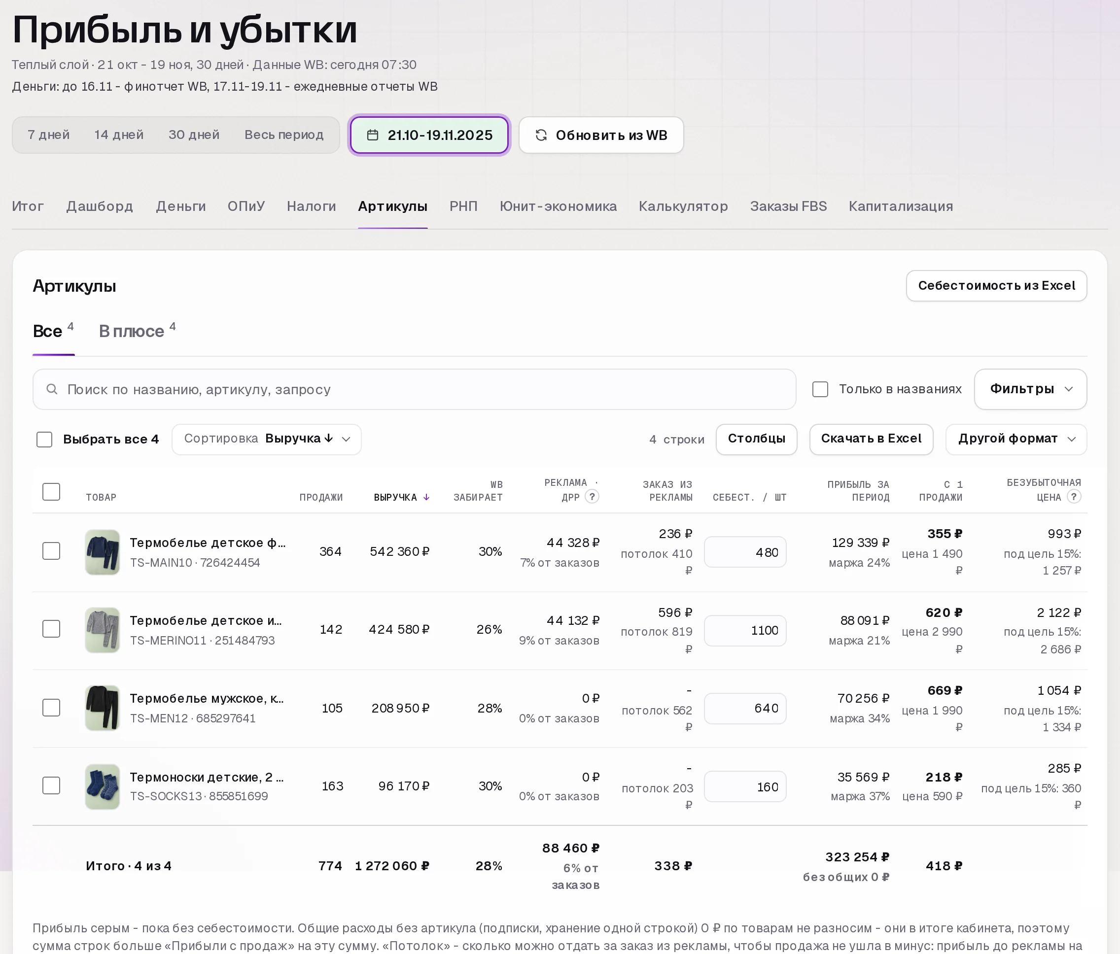 Раздел «Прибыль» в кабинете SkuScan