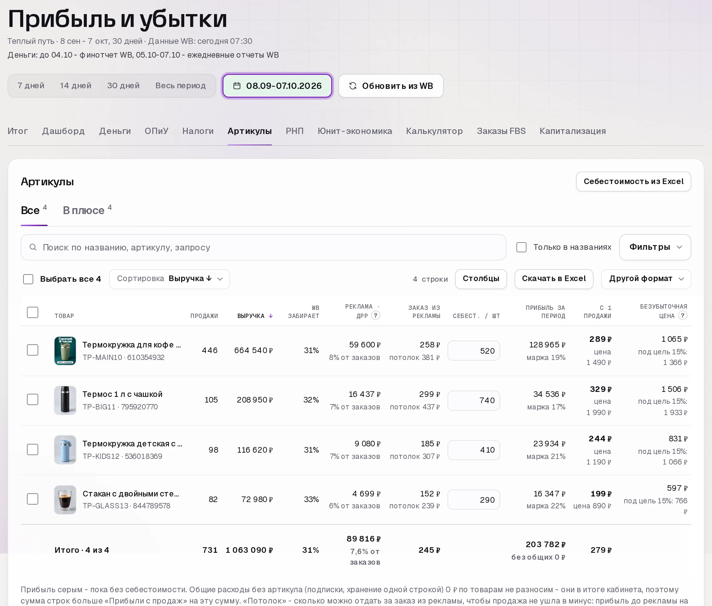 Раздел «Прибыль» в кабинете SkuScan