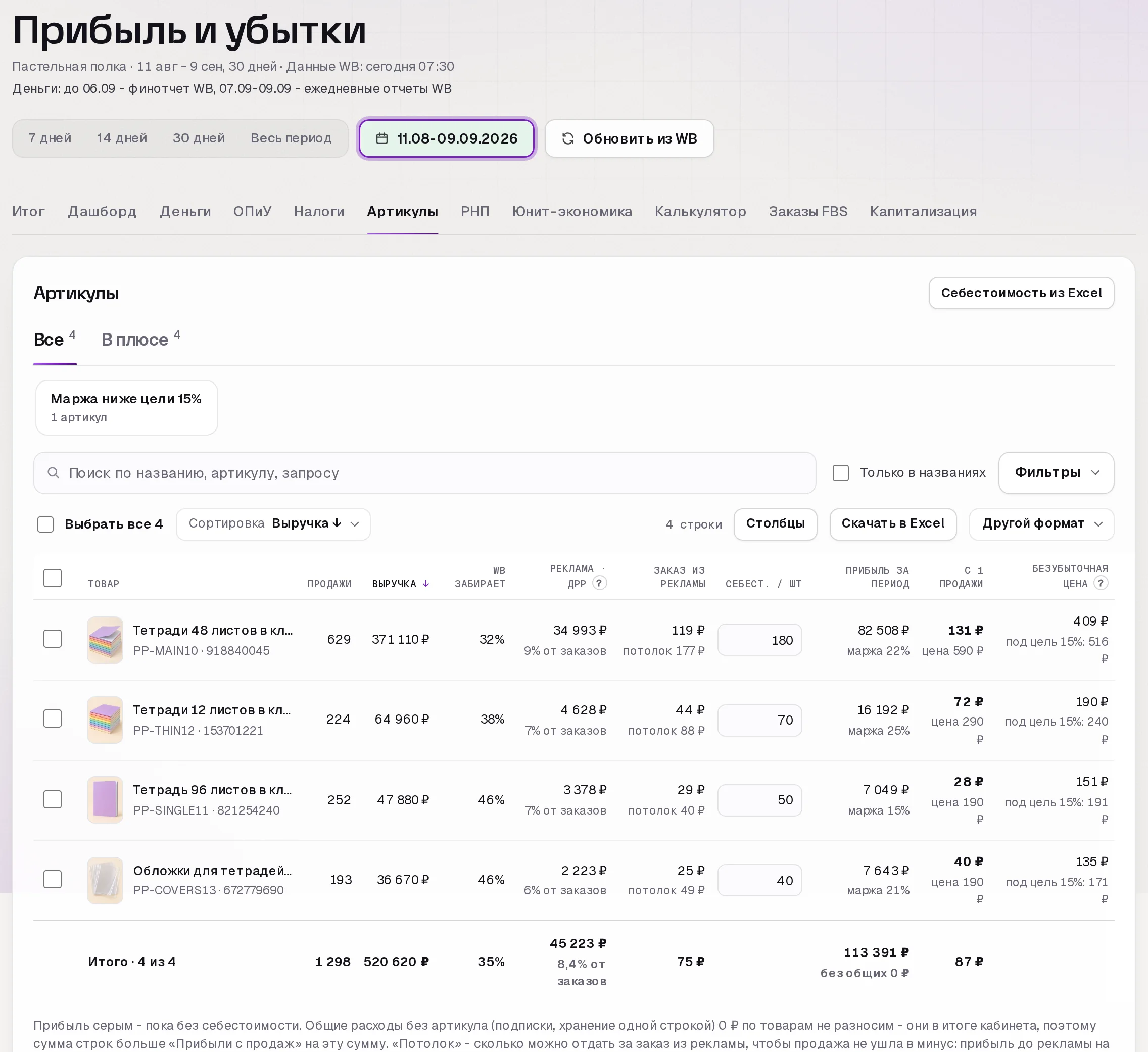 Раздел «Прибыль» в кабинете SkuScan