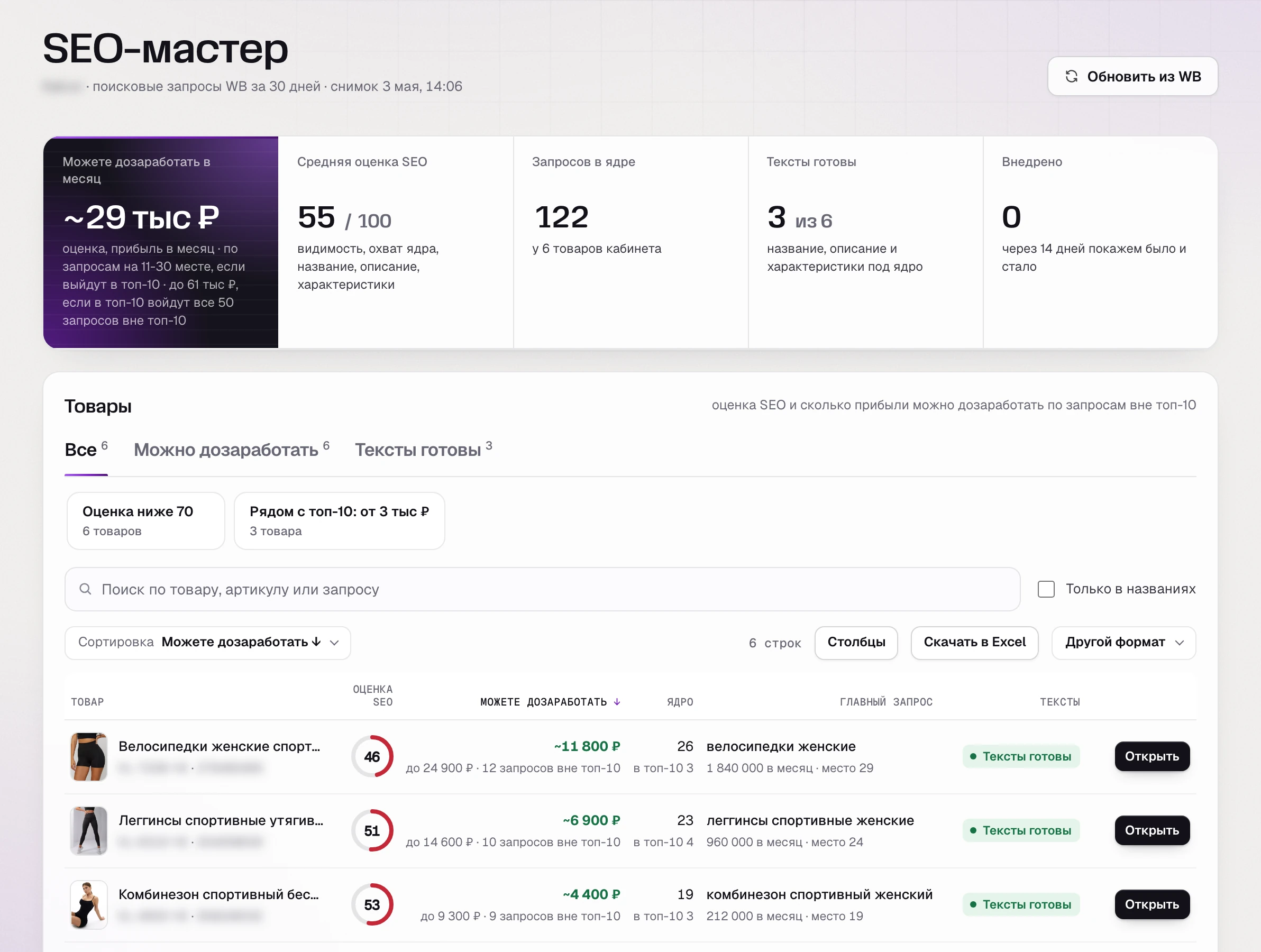 Список товаров в SEO-мастере SkuScan