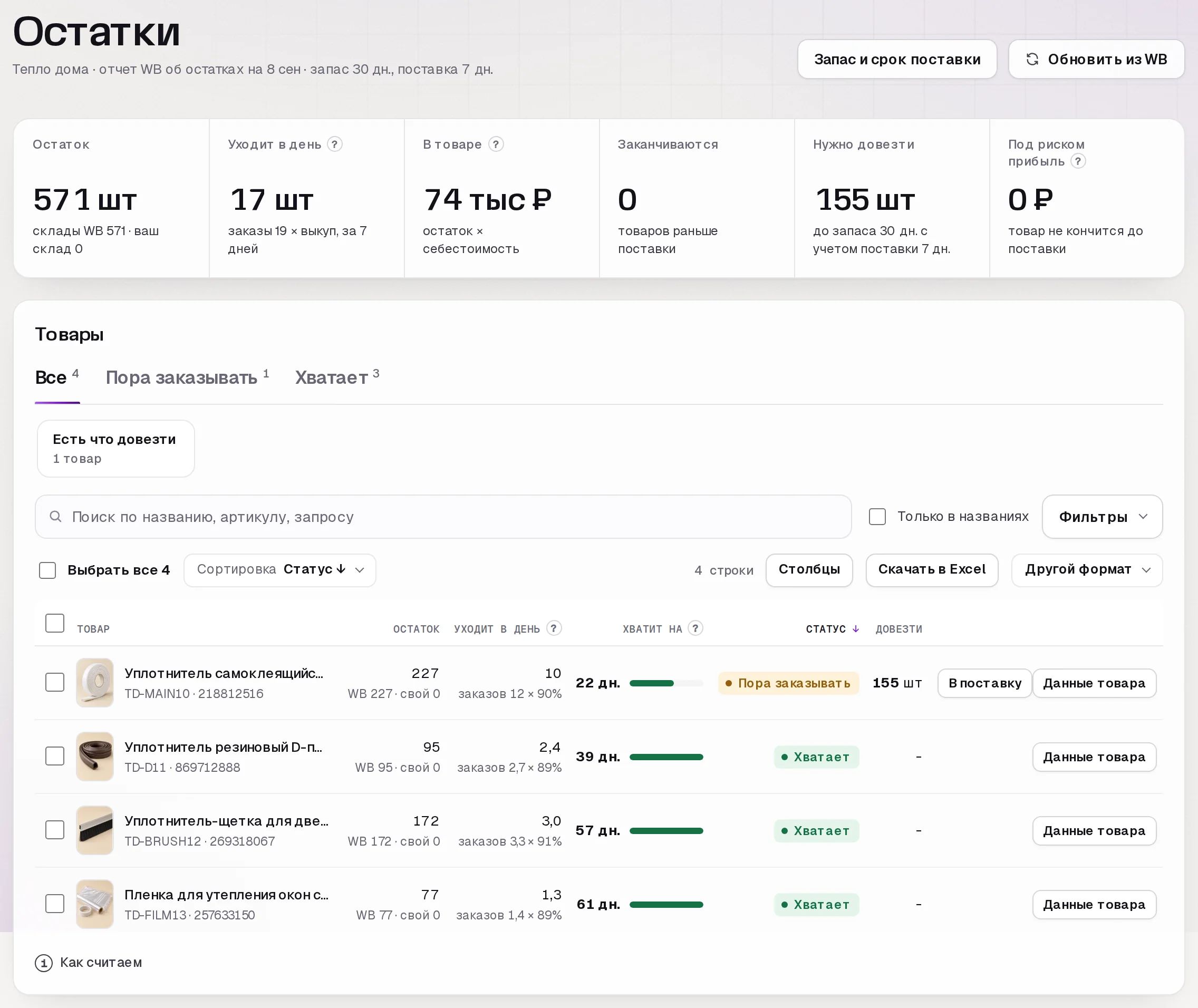 Раздел «Остатки» в кабинете SkuScan