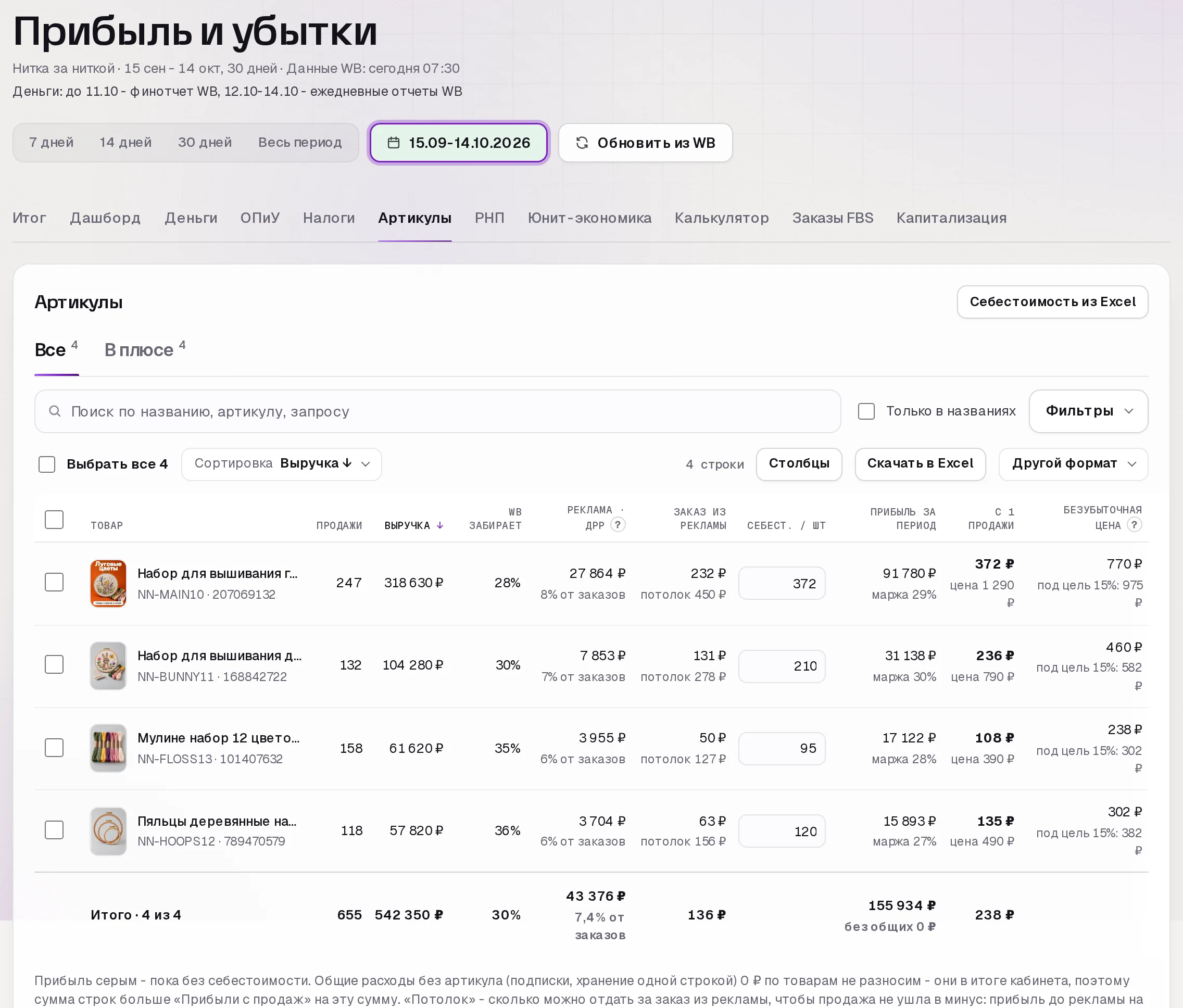 Раздел «Прибыль» в кабинете SkuScan