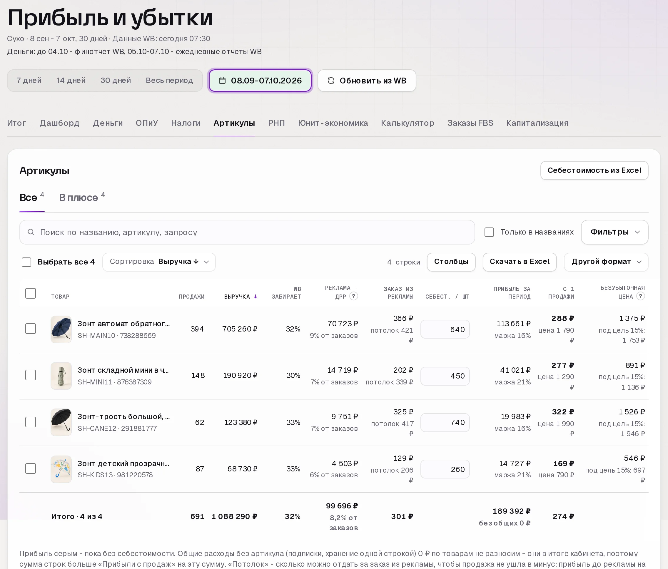 Раздел «Прибыль» в кабинете SkuScan