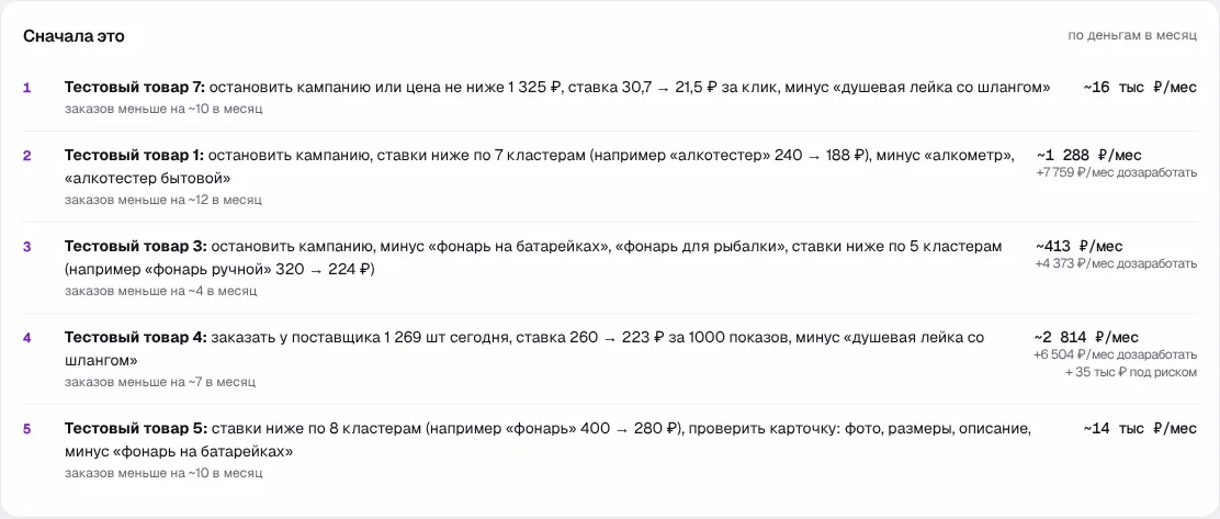 Блок «Сначала это» и задачи по товарам