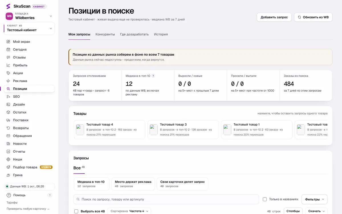 Раздел «Позиции»