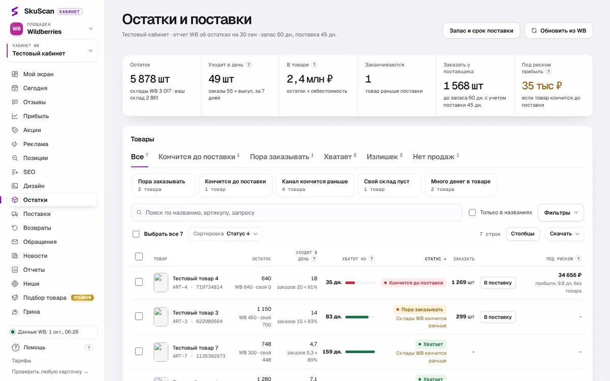 Раздел «Остатки»